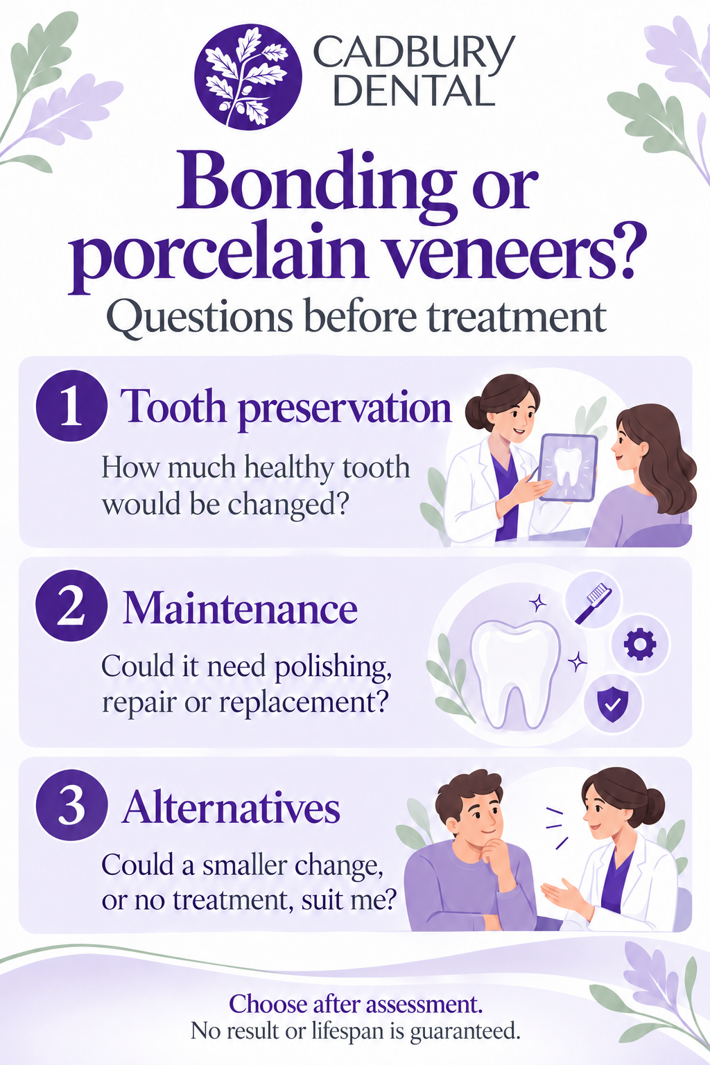 Three questions about tooth preservation, maintenance and alternatives before choosing bonding or porcelain veneers.